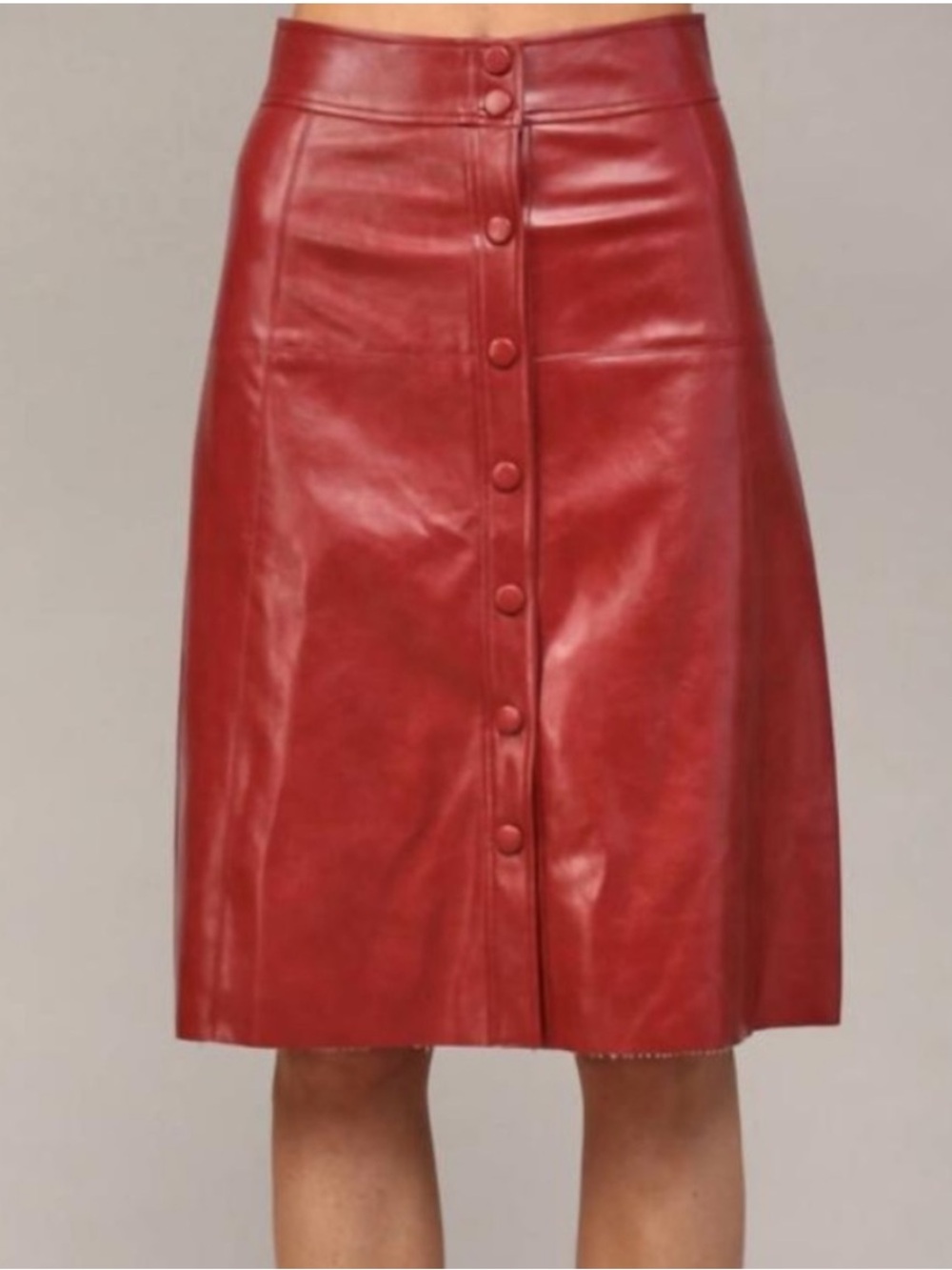 Fate Cherry-Red Faux Leather Button-Front Midi Skirt